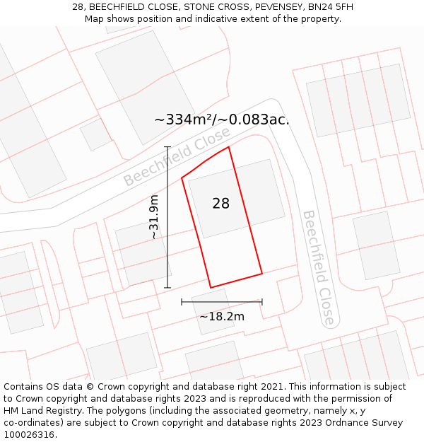 28, BEECHFIELD CLOSE, STONE CROSS, PEVENSEY, BN24 5FH: Plot and title map