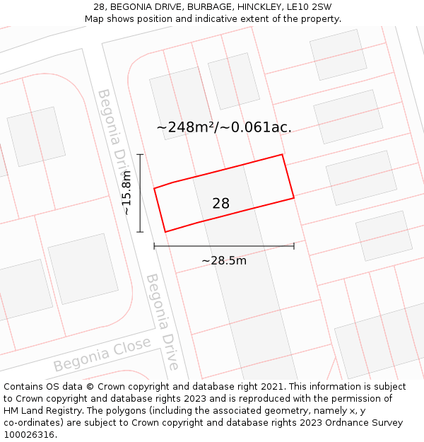 28, BEGONIA DRIVE, BURBAGE, HINCKLEY, LE10 2SW: Plot and title map