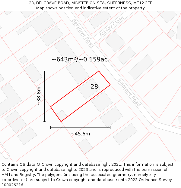 28, BELGRAVE ROAD, MINSTER ON SEA, SHEERNESS, ME12 3EB: Plot and title map