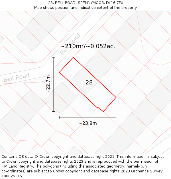 28, BELL ROAD, SPENNYMOOR, DL16 7FX: Plot and title map