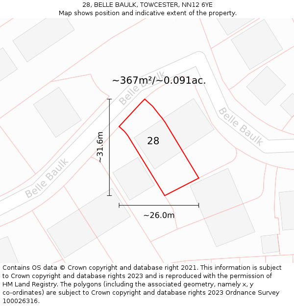 28, BELLE BAULK, TOWCESTER, NN12 6YE: Plot and title map