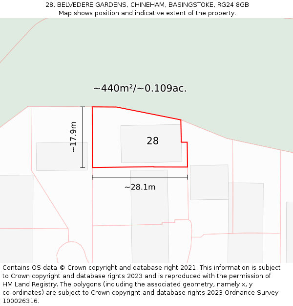 28, BELVEDERE GARDENS, CHINEHAM, BASINGSTOKE, RG24 8GB: Plot and title map