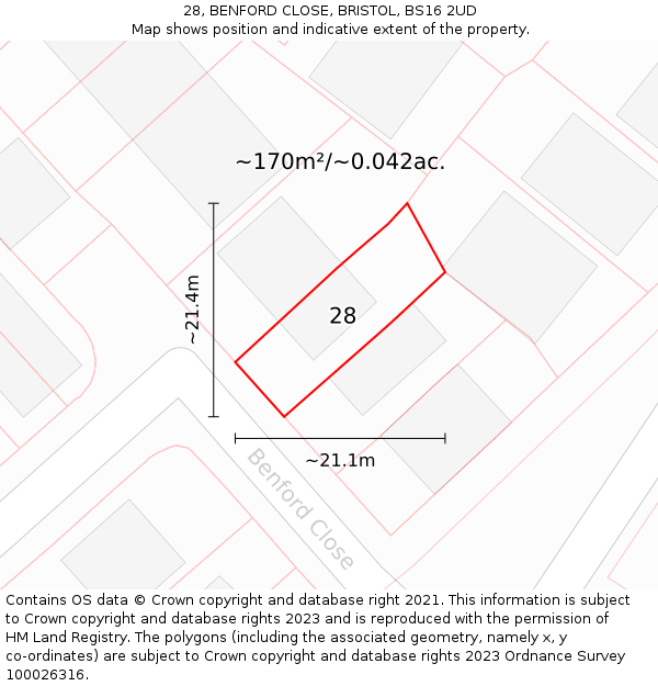 28, BENFORD CLOSE, BRISTOL, BS16 2UD: Plot and title map