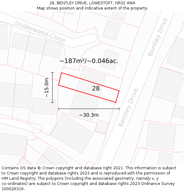 28, BENTLEY DRIVE, LOWESTOFT, NR32 4WA: Plot and title map