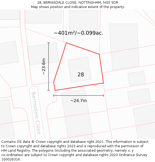 28, BERNISDALE CLOSE, NOTTINGHAM, NG5 5DR: Plot and title map