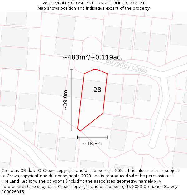 28, BEVERLEY CLOSE, SUTTON COLDFIELD, B72 1YF: Plot and title map