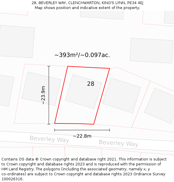 28, BEVERLEY WAY, CLENCHWARTON, KING'S LYNN, PE34 4EJ: Plot and title map
