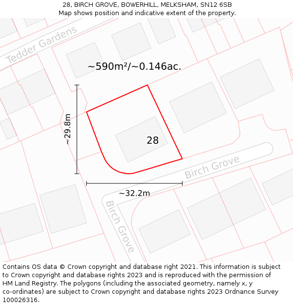 28, BIRCH GROVE, BOWERHILL, MELKSHAM, SN12 6SB: Plot and title map