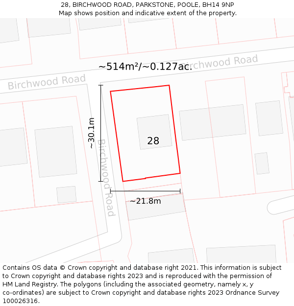 28, BIRCHWOOD ROAD, PARKSTONE, POOLE, BH14 9NP: Plot and title map