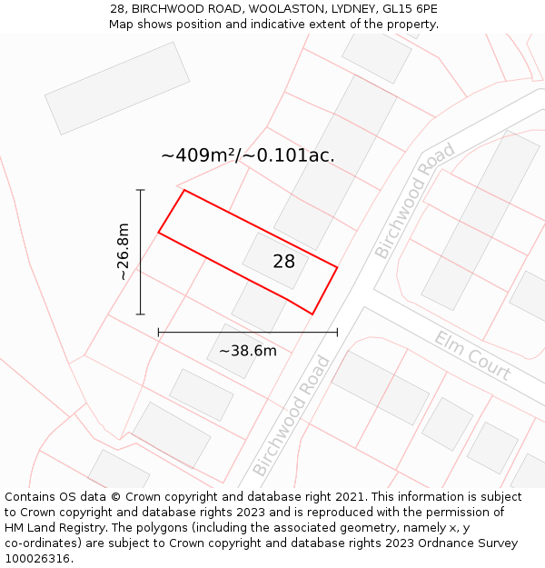 28, BIRCHWOOD ROAD, WOOLASTON, LYDNEY, GL15 6PE: Plot and title map