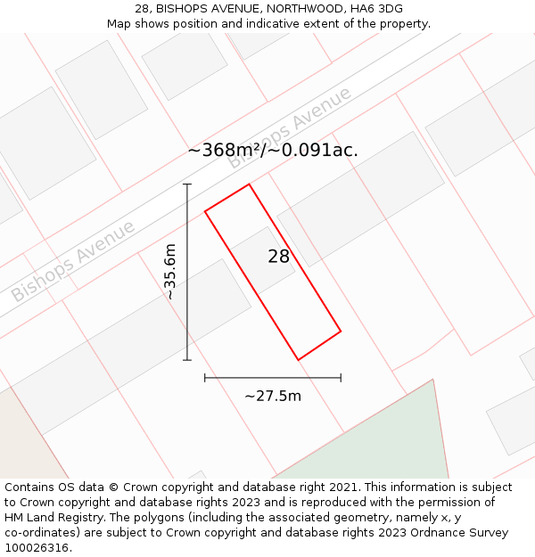 28, BISHOPS AVENUE, NORTHWOOD, HA6 3DG: Plot and title map