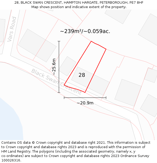 28, BLACK SWAN CRESCENT, HAMPTON HARGATE, PETERBOROUGH, PE7 8HF: Plot and title map