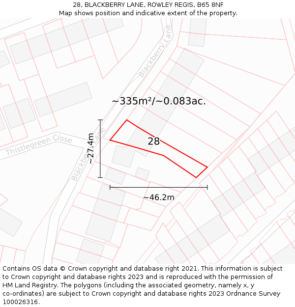 28, BLACKBERRY LANE, ROWLEY REGIS, B65 8NF: Plot and title map