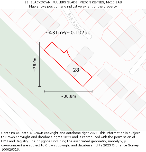28, BLACKDOWN, FULLERS SLADE, MILTON KEYNES, MK11 2AB: Plot and title map