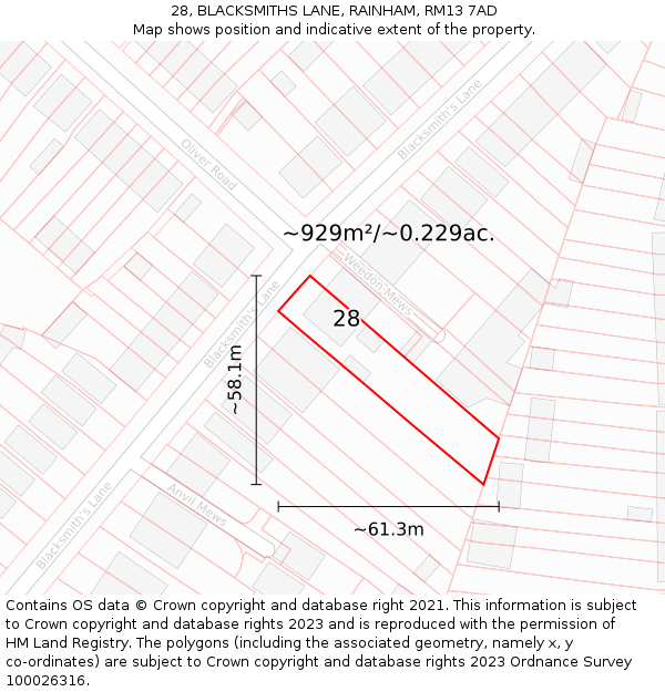 28, BLACKSMITHS LANE, RAINHAM, RM13 7AD: Plot and title map