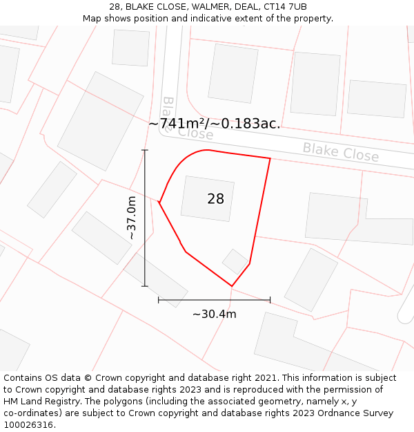 28, BLAKE CLOSE, WALMER, DEAL, CT14 7UB: Plot and title map