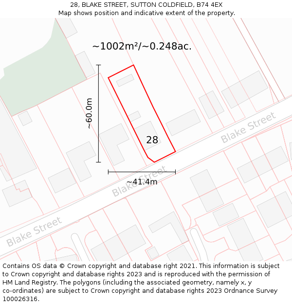 28, BLAKE STREET, SUTTON COLDFIELD, B74 4EX: Plot and title map