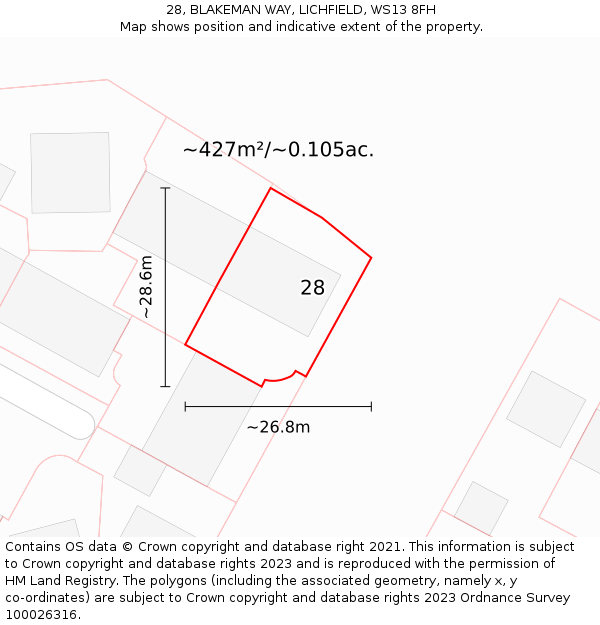 28, BLAKEMAN WAY, LICHFIELD, WS13 8FH: Plot and title map