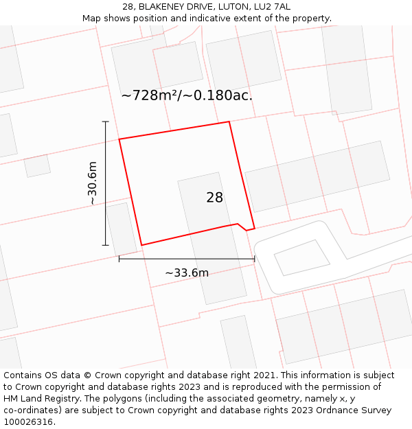 28, BLAKENEY DRIVE, LUTON, LU2 7AL: Plot and title map