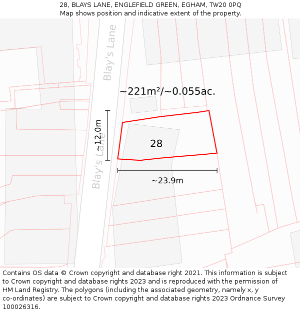 28, BLAYS LANE, ENGLEFIELD GREEN, EGHAM, TW20 0PQ: Plot and title map