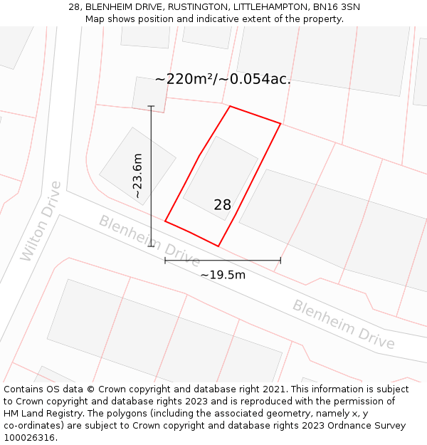 28, BLENHEIM DRIVE, RUSTINGTON, LITTLEHAMPTON, BN16 3SN: Plot and title map