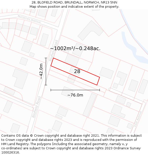 28, BLOFIELD ROAD, BRUNDALL, NORWICH, NR13 5NN: Plot and title map