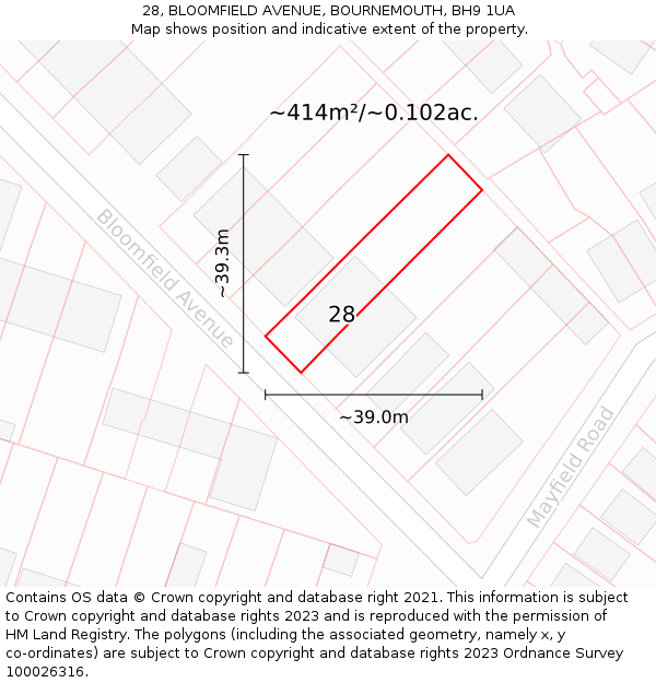 28, BLOOMFIELD AVENUE, BOURNEMOUTH, BH9 1UA: Plot and title map