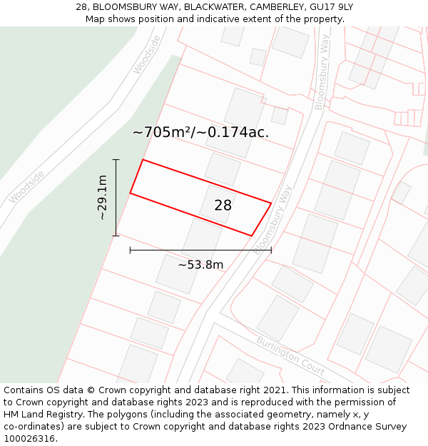 28, BLOOMSBURY WAY, BLACKWATER, CAMBERLEY, GU17 9LY: Plot and title map