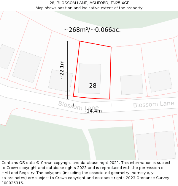 28, BLOSSOM LANE, ASHFORD, TN25 4GE: Plot and title map