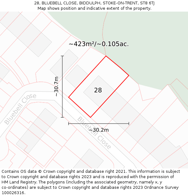 28, BLUEBELL CLOSE, BIDDULPH, STOKE-ON-TRENT, ST8 6TJ: Plot and title map