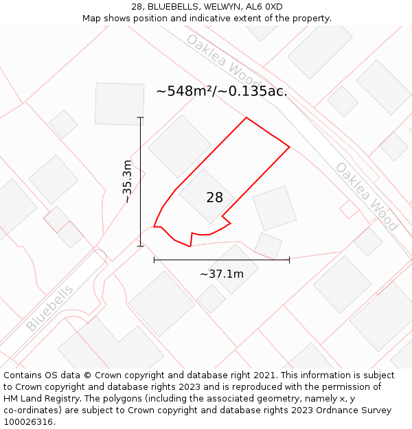 28, BLUEBELLS, WELWYN, AL6 0XD: Plot and title map