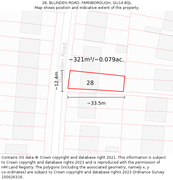28, BLUNDEN ROAD, FARNBOROUGH, GU14 8QL: Plot and title map