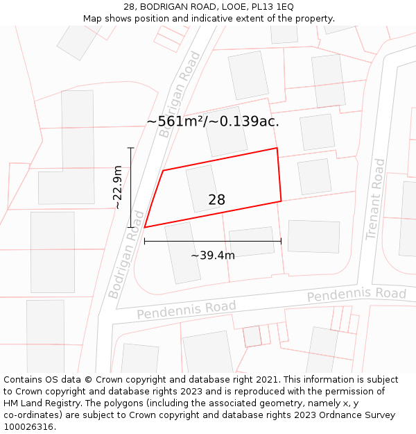 28, BODRIGAN ROAD, LOOE, PL13 1EQ: Plot and title map