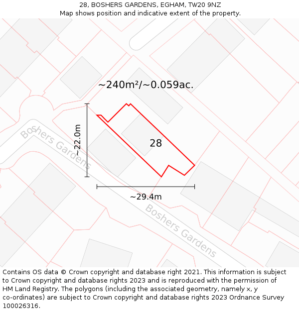 28, BOSHERS GARDENS, EGHAM, TW20 9NZ: Plot and title map