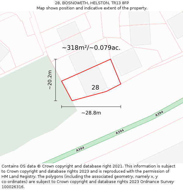 28, BOSNOWETH, HELSTON, TR13 8FP: Plot and title map