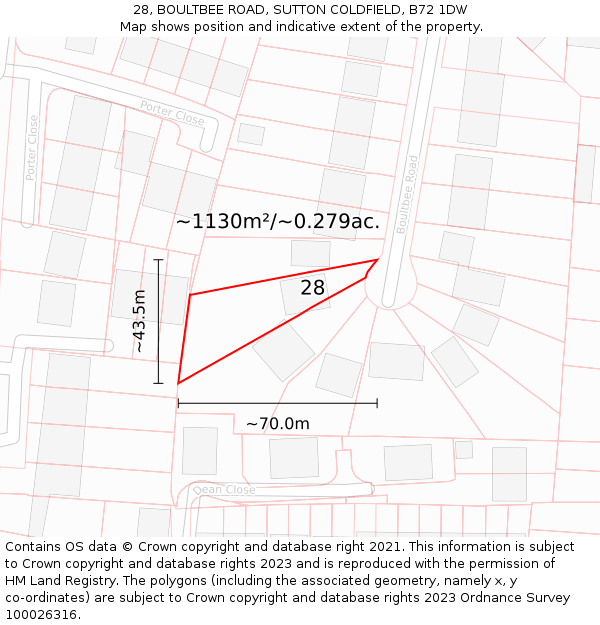 28, BOULTBEE ROAD, SUTTON COLDFIELD, B72 1DW: Plot and title map