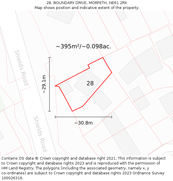 28, BOUNDARY DRIVE, MORPETH, NE61 2RX: Plot and title map