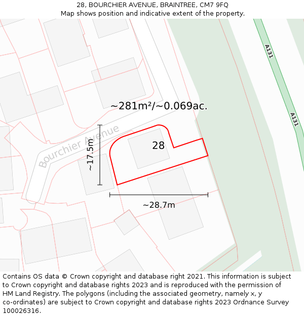 28, BOURCHIER AVENUE, BRAINTREE, CM7 9FQ: Plot and title map