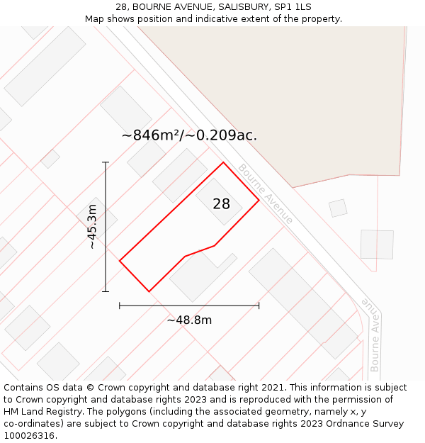 28, BOURNE AVENUE, SALISBURY, SP1 1LS: Plot and title map