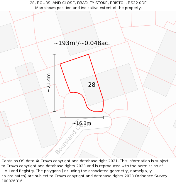 28, BOURSLAND CLOSE, BRADLEY STOKE, BRISTOL, BS32 0DE: Plot and title map