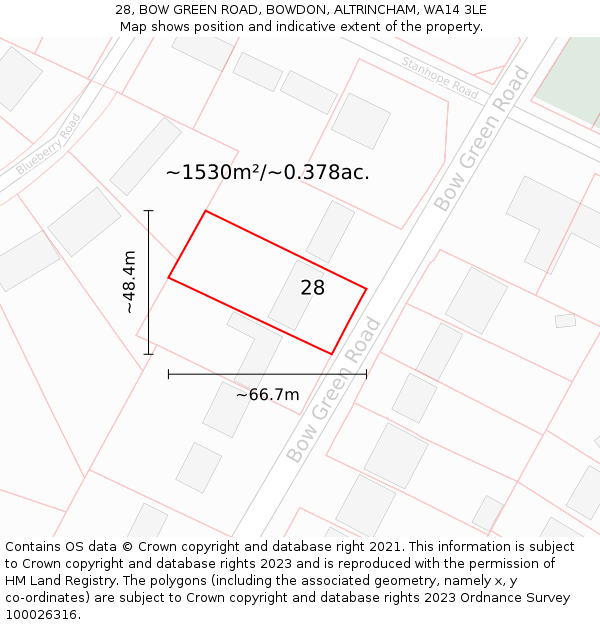 28, BOW GREEN ROAD, BOWDON, ALTRINCHAM, WA14 3LE: Plot and title map