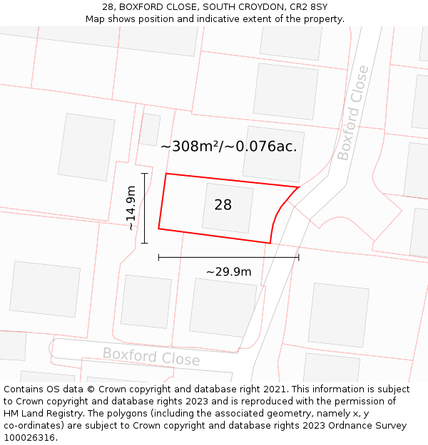 28, BOXFORD CLOSE, SOUTH CROYDON, CR2 8SY: Plot and title map