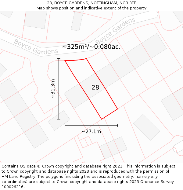 28, BOYCE GARDENS, NOTTINGHAM, NG3 3FB: Plot and title map