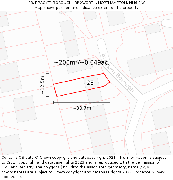 28, BRACKENBOROUGH, BRIXWORTH, NORTHAMPTON, NN6 9JW: Plot and title map