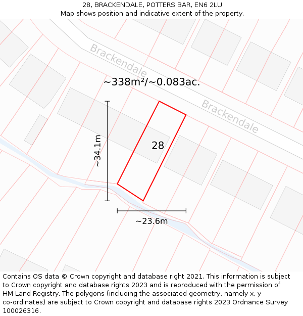 28, BRACKENDALE, POTTERS BAR, EN6 2LU: Plot and title map
