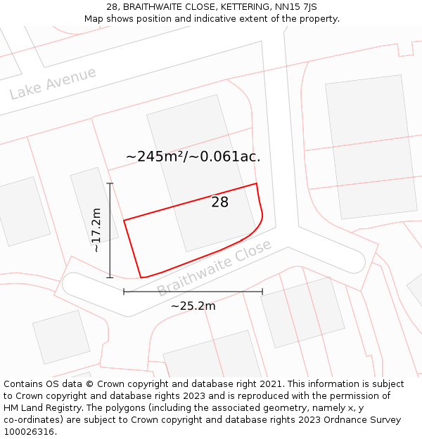 28, BRAITHWAITE CLOSE, KETTERING, NN15 7JS: Plot and title map