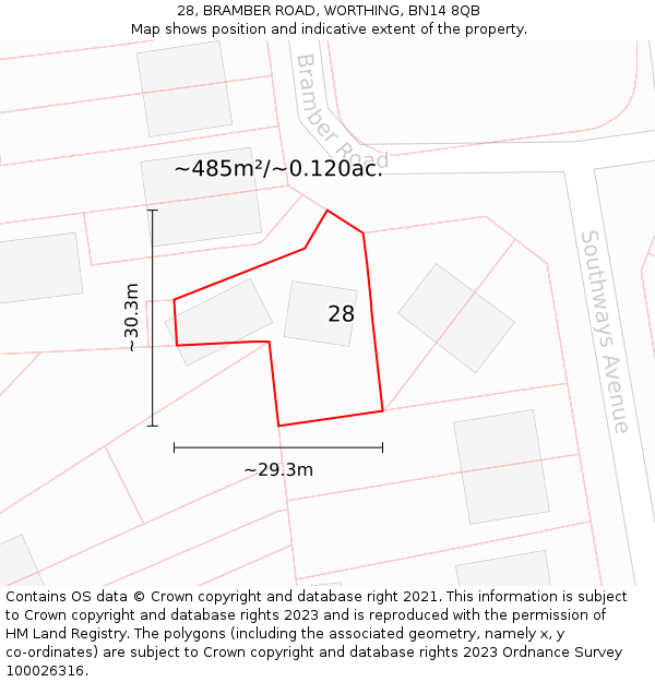 28, BRAMBER ROAD, WORTHING, BN14 8QB: Plot and title map