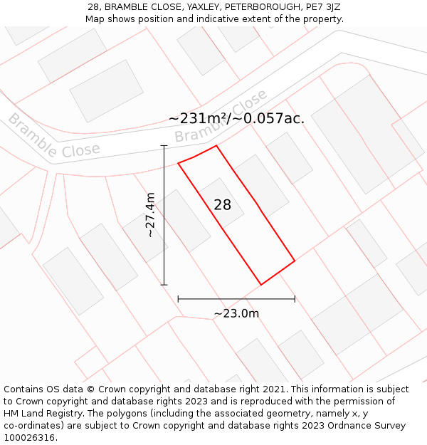 28, BRAMBLE CLOSE, YAXLEY, PETERBOROUGH, PE7 3JZ: Plot and title map