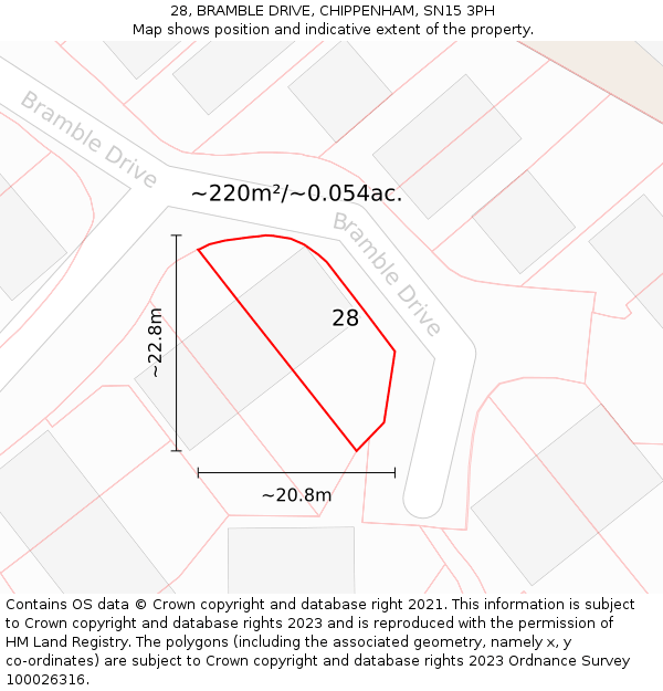 28, BRAMBLE DRIVE, CHIPPENHAM, SN15 3PH: Plot and title map
