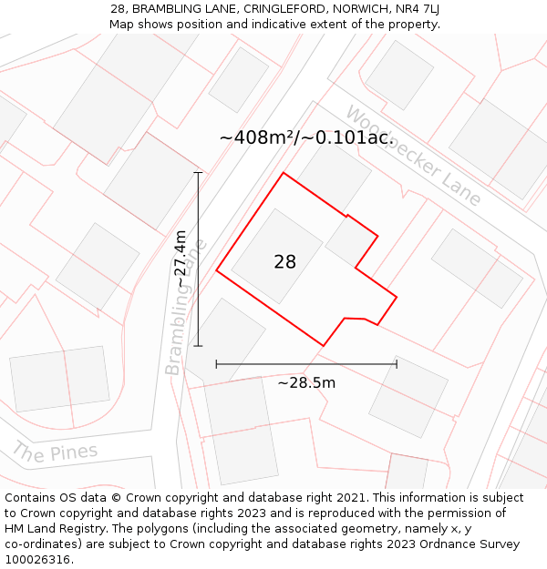 28, BRAMBLING LANE, CRINGLEFORD, NORWICH, NR4 7LJ: Plot and title map